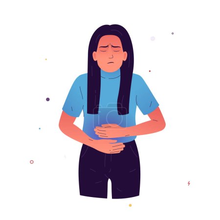 Illustration for Vector illustration of a girl who, due to poor health, holds her stomach with her hands. A woman experiences stomach discomfort due to the food she has eaten - Royalty Free Image