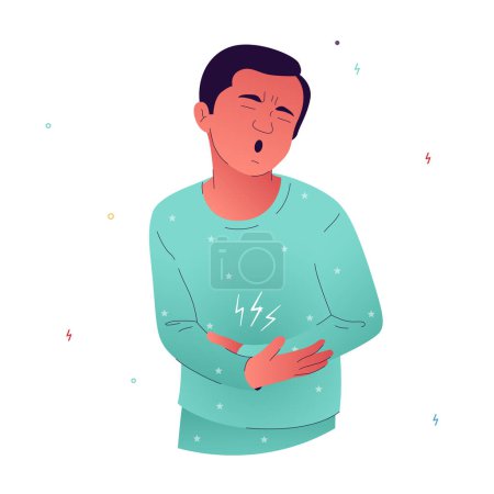 Illustration for Vector illustration of a person who is experiencing discomfort. A person in a slightly bent position holds his stomach with his hand and suffers from nausea. Diseases of the gastrointestinal tract - Royalty Free Image