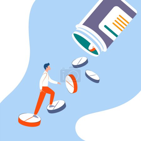 Ilustración de Ilustración vectorial de un hombre subiendo escaleras hecho de pastillas. Las píldoras salen de la botella. Ilustración de productos farmacéuticos para pancartas de farmacia, carteles médicos, stands - Imagen libre de derechos