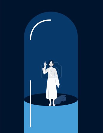 Ilustración de Ilustración vectorial de una chica dentro de una cápsula. Una mujer con la mano levantada y sin esperanza en los ojos está encerrada en una cápsula grande. Ilustración conceptual sobre la drogadicción o el abuso - Imagen libre de derechos