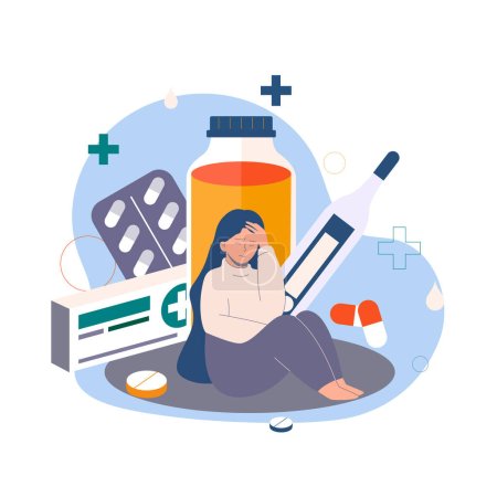 Illustration for Vector illustration of a sick girl sitting among different medicines and a thermometer. A woman holds her head due to stress related to treatment and health. Illustration for medical posters, stands - Royalty Free Image