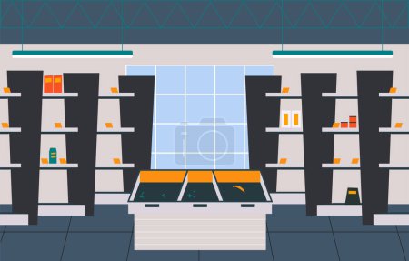 Ilustración de Una ilustración vectorial que muestra el piso de ventas de una tienda de comestibles con diferentes productos. Estantes medio vacíos de productos esenciales. Inestabilidad económica. Interior y distribución del área de ventas de la tienda - Imagen libre de derechos