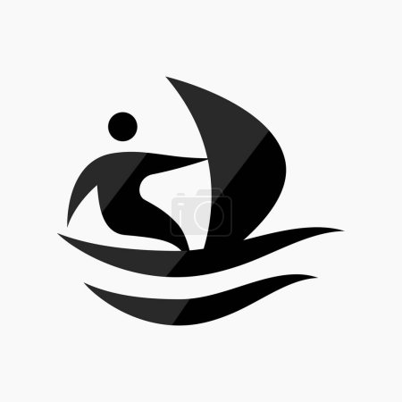 Vector icon of an athlete standing in a boat with an open sail. A man makes smooth movements on the water. Active water sport. Flat icon, pictogram. Sports events and competitions