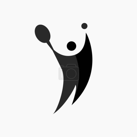 Vector icon of an energetic athlete playing tennis. The person focuses on the game and throws the ball and hits it. Active sport. Flat icon, pictogram. Sports events and competitions