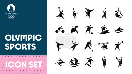 Gran conjunto de iconos vectoriales para diferentes deportes. Pictogramas planos modernos de fútbol, baloncesto, escalada en roca, breakdance, ciclismo, natación, tenis, voleibol, hockey. Competiciones deportivas, eventos