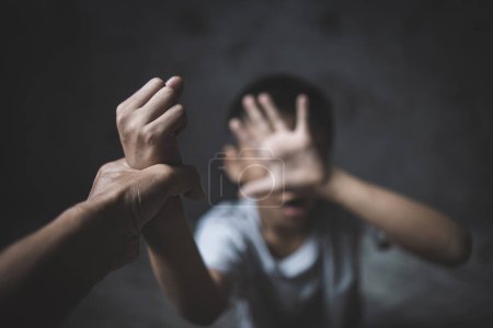 Photo for Close up of little boy child stretch hand show no gesture protest against domestic violence, Childhood problem, Small teen child stand against discrimination or school abuse.  voice concept. - Royalty Free Image