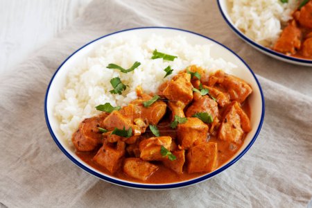 Hausgemachtes Easy Indian Butter Chicken mit Reis auf einem Teller, Seitenansicht. 