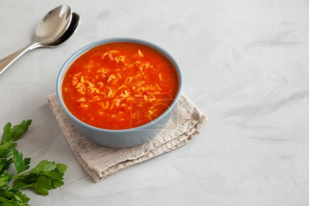Sopa de Alfabeto Casera en salsa de tomate en un tazón, vista lateral. Copiar espacio.