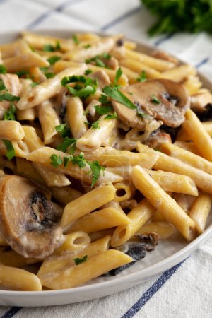 Photo for Homemade One-Pot Creamy Chicken Marsala Pasta with Parsley on a Plate, side view. Close-up. - Royalty Free Image
