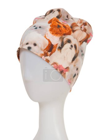 Téléchargez les photos : Chapeau élégant avec des chiens imprimé sur un mannequin sur fond blanc - en image libre de droit