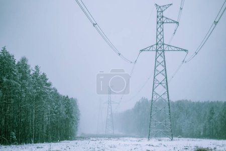 Photo for High voltage electricity power line towers near forest at winter. - Royalty Free Image