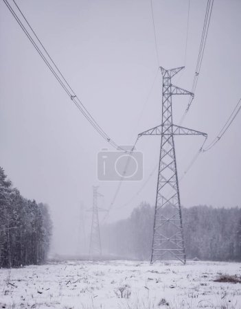 Téléchargez les photos : Des tours de lignes électriques à haute tension près de la forêt en hiver. - en image libre de droit