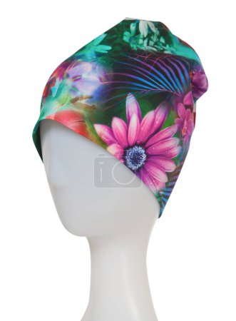 Photo for Stylish hat with floral print on a mannequin on white background - Royalty Free Image