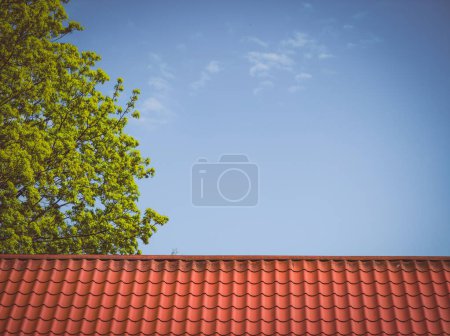 Foto de Techo de tejas rojas. Ruidos en el cielo azul. Árbol verde. - Imagen libre de derechos