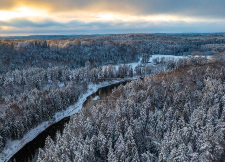Téléchargez les photos : Belle forêt enneigée et rivière. Paysage d'hiver d'en haut. - en image libre de droit