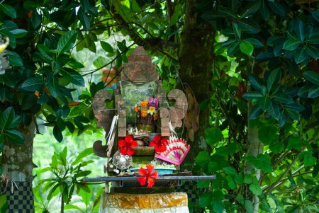 BALI APRIL 2024 - Angebote für Götter über eine wunderschöne Landschaft mit grünen Reisterrassen in der Nähe des Dorfes Tegallalang, Bali, Indonesien