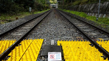 JAPAN, KIOTO April 2024: Zug nähert sich einem Bahnübergang in der Nähe des Bambuswaldes in Kyoto, Japan.