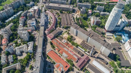 Photo for Aerial view building former factory Arsenal. Drone shot beautiful Kyiv Kiev building on a sunny summer day. Capital of Ukraine. Reconstruction - Royalty Free Image