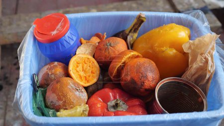 Téléchargez les photos : Food Waste in Households. Fruits et légumes pourris gâtés. Nourriture gâchée, nourriture gaspillée à la maison. Photo de haute qualité - en image libre de droit