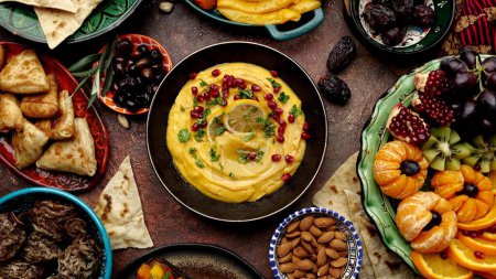 Photo for Hummus is a Middle Eastern savory dish made from cooked, mashed chickpeas blended with tahini, lemon juice, and garlic. Authentic culinary composition in traditional dishes. High quality 4k footage - Royalty Free Image