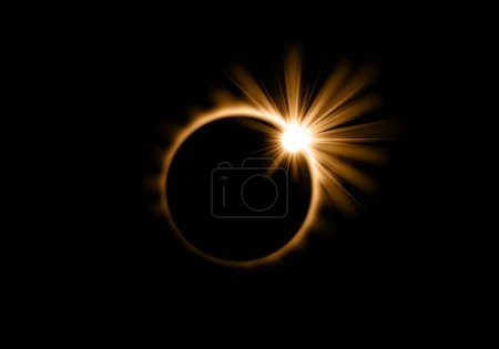 Ilustración de Eclipse solar, sol o luna eclipse luz resplandor sobre fondo negro, vector del planeta espacial. Eclipse solar total o anillo de círculo lunar con rayos de luz brillan en el espacio oscuro - Imagen libre de derechos