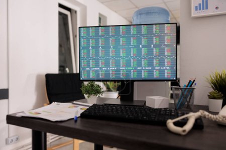 Photo for Empty office with money transactions and investment on computer screen, binary option statistics and market analysis. Trading platform screen, business application display. - Royalty Free Image