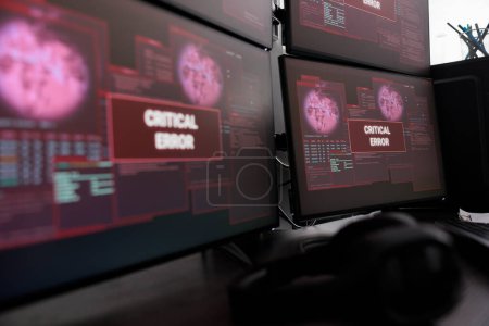 Photo for Close up of multiple monitors having critical error message on display after cyber crime attack and hacking alert. Computer screen showing digital malfunction and error threat, system crash. - Royalty Free Image