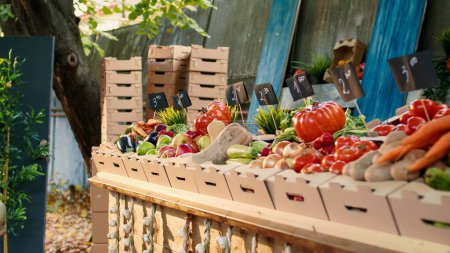 Foto de Local fresh produce at farmers market display stand with organic agricultural farming counter. Various colorful fresh seasonal fruits and vegetables lying on table at rural festival. - Imagen libre de derechos