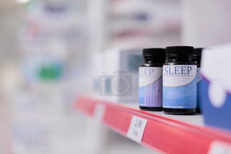 Photo for Empty drugstore with nobody in it with bottles and packages on medicaments, retail shop shelves full with pharmaceutical products. Pharmacy space filled with medical vitamins and supplement boxes. - Royalty Free Image