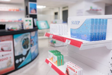 Photo for Empty modern pharmacy with shelves full of sleeping pills packages with modern medicine, drugstore filled with vitamins and pharmaceutical products. Health care service support and concept - Royalty Free Image
