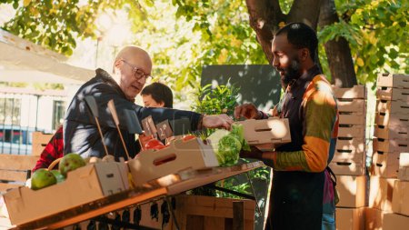 Foto de Diverse client and farmer choosing products to put in box, vendor selling locally grown fresh fruits and veggies. Young man and elderly consumer looking at colorful bio produce. Handheld shot. - Imagen libre de derechos