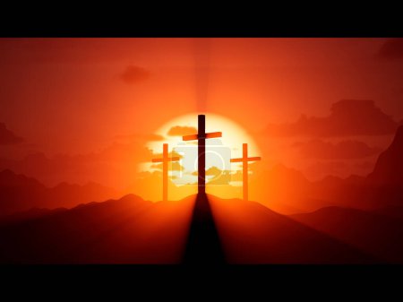 Foto de Three religious crosses during sunset on jerusalem hill, spiritual symbol to celebrate resurrection of christ and easter concept. Holy crucifix worshiping god and sacrifice. 3d render - Imagen libre de derechos