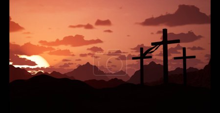 Photo for Three crosses on sacred jerusalem mountain at sunset, easter concept for resurrection of jesus christ. Sacred symbolic crucifix during sunrise, holy sacrifice on meadow. 3d render - Royalty Free Image