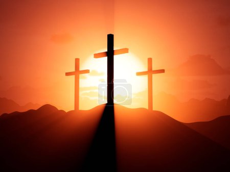 Photo for Three religious crosses during sunset on jerusalem hill, spiritual symbol to celebrate resurrection of christ and easter concept. Holy crucifix worshiping god and sacrifice. 3d render - Royalty Free Image