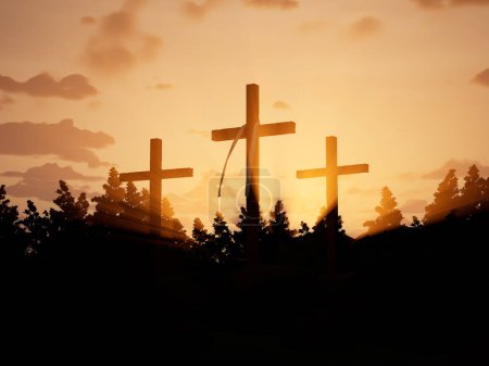 Photo for Three crosses glowing in rays of sunshine at jerusalem, easter holiday celebration and resurrection of jesus. Holy symbolic crucifix for sacrifice, pray for god and heaven. 3d render - Royalty Free Image