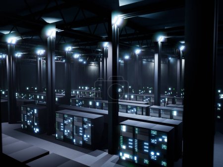 Photo for Modern data center filled with racks and cabinets, new cyber security network in server room. Professional mainframe and computer processor with lights in digital render farm space. - Royalty Free Image