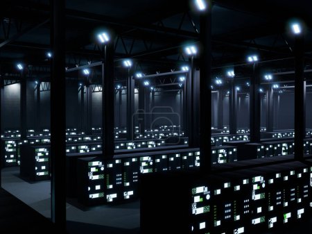 Photo for Online connection data center with big data racks, modern server room with hosting servers in cabinets for networking concept. Cloud computing storage room, artificial intelligence. - Royalty Free Image