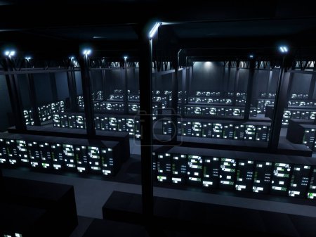 Foto de Professional technology database server room, big data system connection in render farm. Professional data center workplace with multiple rows of storage racks and cabinets, networking. - Imagen libre de derechos