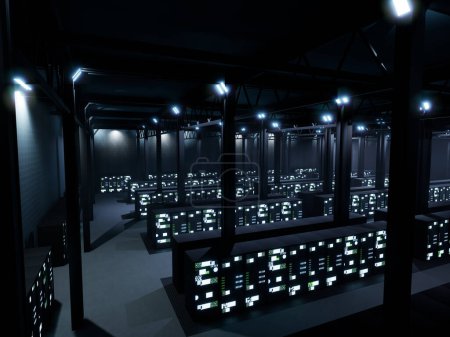 Foto de Cyber security data center with hardware cabinets, modern server room with hosting servers for digitalization. Professional networking and cloud computing storage room, ai big data. - Imagen libre de derechos