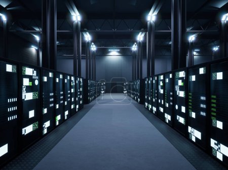 Photo for Data center space with multiple rows of server racks, digital supercomputer technology. Modern high tech networking communications database, cabinets filled with system storage. - Royalty Free Image