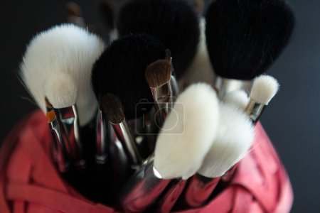 Téléchargez les photos : Produits de maquillage et cosmétiques sur fond noir. Cosmétiques professionnels - en image libre de droit