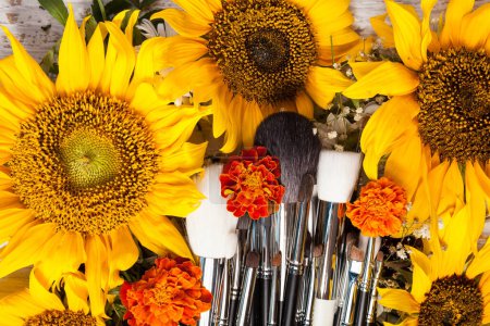 Téléchargez les photos : Brosses de maquillage professionnel à côté de belles fleurs sauvages sur fond en bois - en image libre de droit