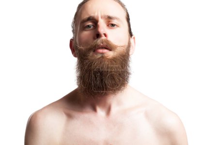 Foto de Hipster vistiendo una larga barba sobre fondo blanco en foto de estudio - Imagen libre de derechos
