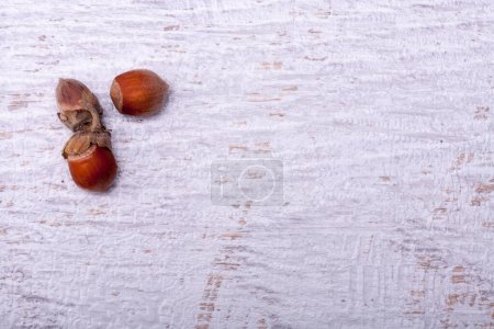 Photo for Three nuts on wooden vintage background in minimal setup studio photo. - Royalty Free Image