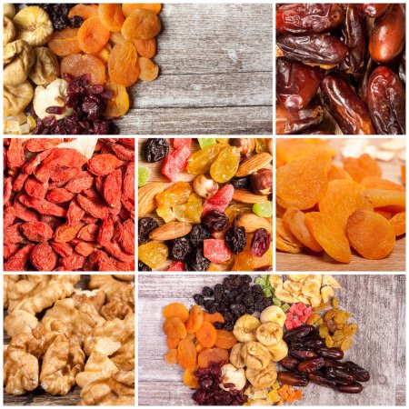 Téléchargez les photos : Collage de différents types de fruits secs et de noix. Type de mode de vie sain - en image libre de droit