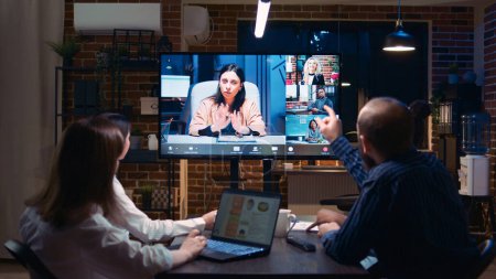 Photo for Business team online meeting, remote coworkers videocall discussion. Diverse people talking in teleconference, colleagues brainstorming in videoconference in office zoom in - Royalty Free Image