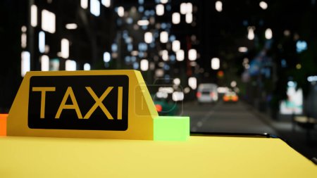 Photo for Yellow taxi car driving around town with business district and office buildings at night, metropolis. Cab vehicle on street, skyscrapers and passenger car. Close up. 3d render animation. - Royalty Free Image