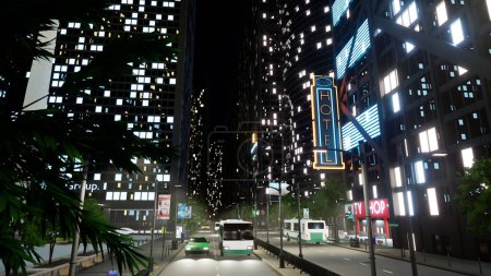 Téléchargez les photos : Métropole avec gratte-ciel et voitures dans le quartier d'affaires urbain, de grands immeubles de bureaux avec des lumières de la ville et des véhicules conduisant dans la rue. Constructions et tours modernes. Animation de rendu 3D. - en image libre de droit