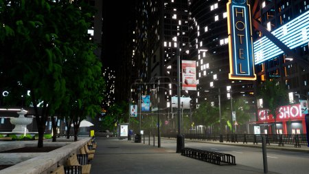 Téléchargez les photos : Centre-ville rues et tours avec des lumières scintillantes tard dans la nuit, métropole moderne avec des gratte-ciel et des immeubles de bureaux dans le quartier des affaires. Capitale. Animation de rendu 3D. - en image libre de droit