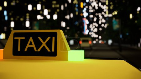 Téléchargez les photos : Panneau de taxi moderne sur le véhicule circulant dans la ville avec des immeubles de bureaux la nuit des lumières, au centre-ville. Voiture de tourisme dans la rue, gratte-ciel et véhicule de taxi. Ferme là. Animation de rendu 3D. - en image libre de droit